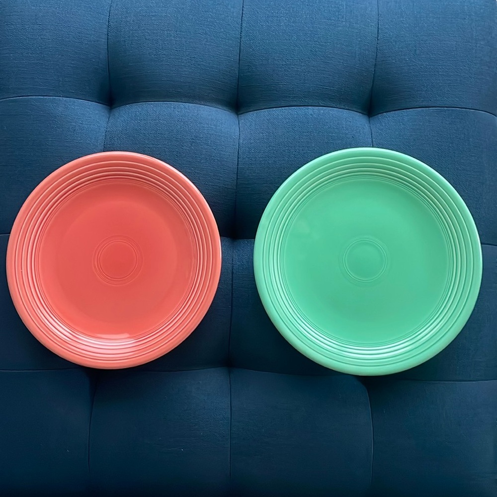 Vintage Fiestaware Cake Plates / Serving Platters (2) - Green & Red approx 12”
